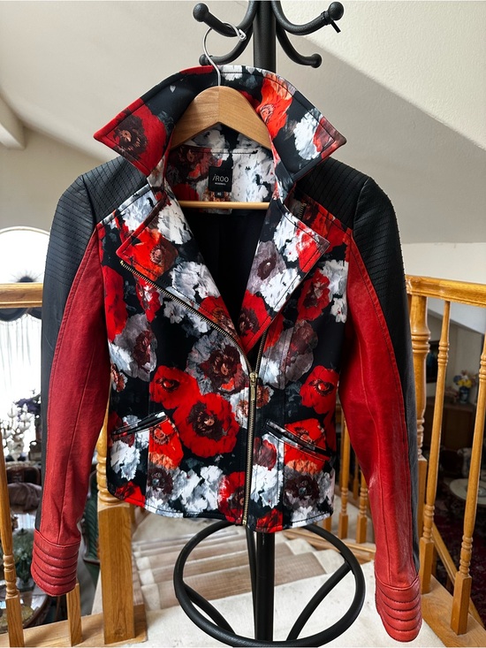 IROO Jackets & Blazers - iROO Moderato Red and Black Floral Leather Moto Jacket
